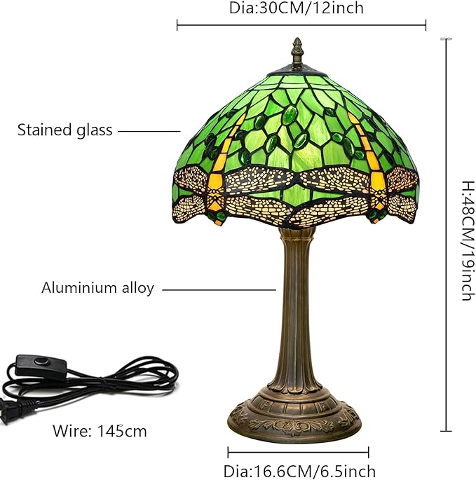 Tiffany Lamp Green Dragonfly Stained Glass Table Lamp 12X12X18 Inches Green Dragonfly Style Desk Reading Light Decor Beside Bedroom Living Room Home