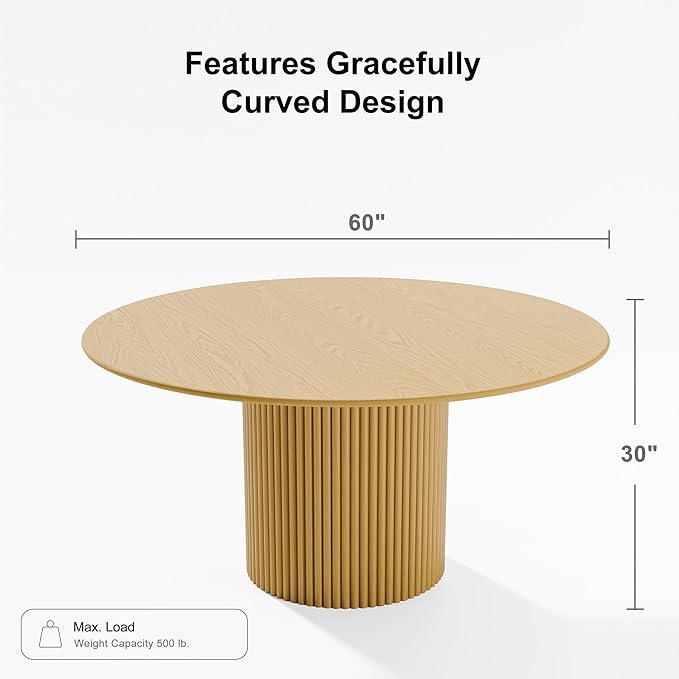 Casaphoria 60" Round Dining Table, Modern Wood Kitchen Table with Cylinder Stripe Base for Living Room & Dining Room, Easy Assembly Farmhouse Furniture for 4-6, Oak