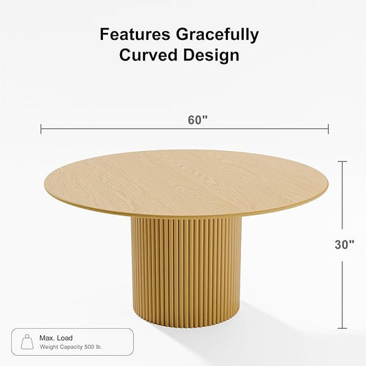 Casaphoria 60" Round Dining Table, Modern Wood Kitchen Table with Cylinder Stripe Base for Living Room & Dining Room, Easy Assembly Farmhouse Furniture for 4-6, Oak