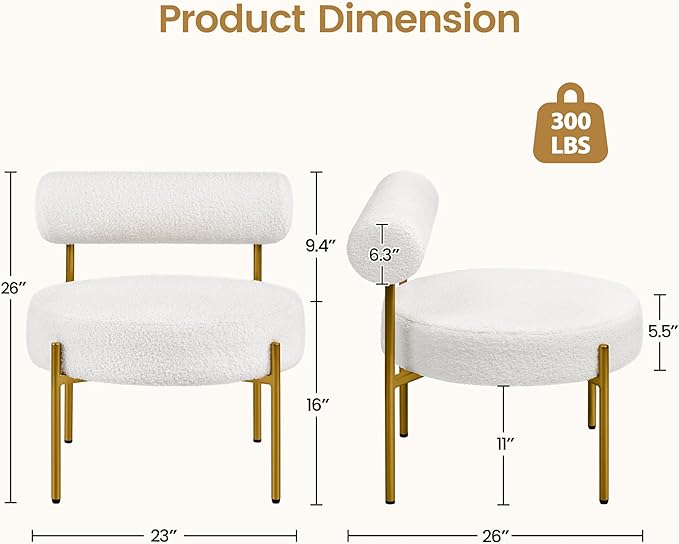 Yaheetech Boucle Accent Chair, Modern Tufted Vanity Chair, Cozy Sherpa Barrel Chair with Gold Legs, Club Chair for Living Room Bedroom Vanity Room Home Office, 2pcs, White