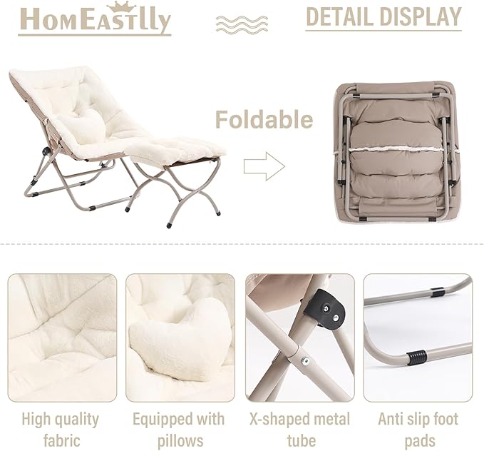 Saucer Chair with Ottoman, Comfy Oversized Folding Chair, Faux-Fur Reading Chair for Adults, Foldable Accent Lazy Chair, Metal Frame Chair for Living Room, Bedroom, Beige
