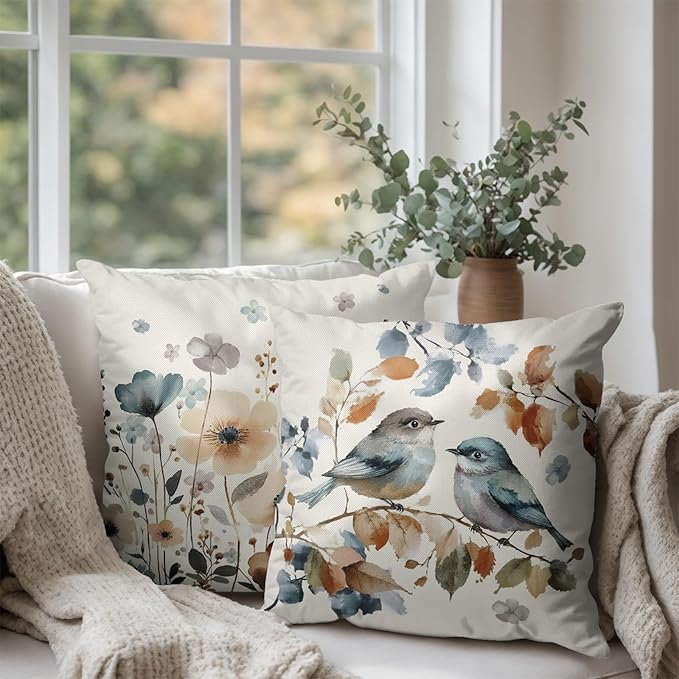 Fall Flower Bird Chinoiserie Pillow Covers 20x20 Set of 2 Burnt Orange and Blue Flowers Leaves Decorative Throw Pillows Covers Autumn Outdoor Cushion Cases for Home Couch Sofa