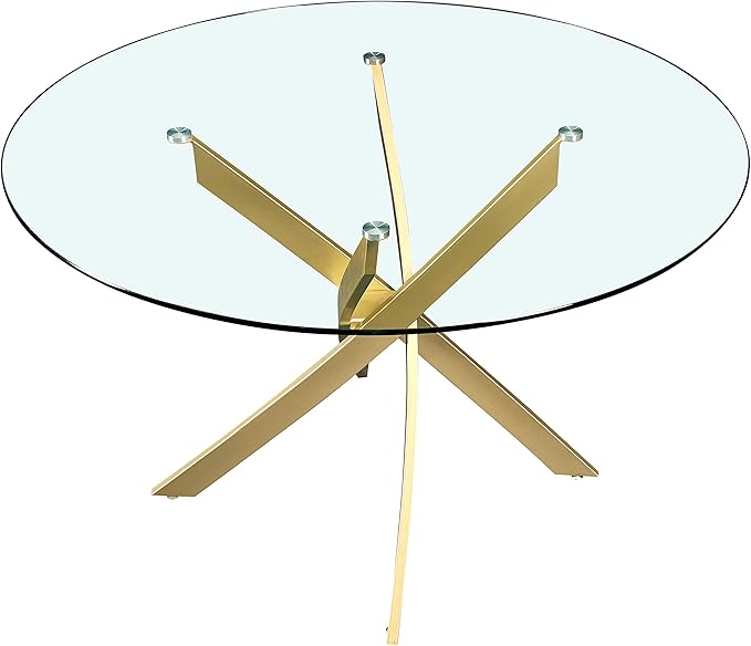 Meridian Furniture 984-T Xander Collection Modern | Contemporary Dining Table with Brushed Gold Metal Base, 48" Round Tempered Glass Top, 10MM Glass Thickness, 48" W x 48" D x 30" H, Gold