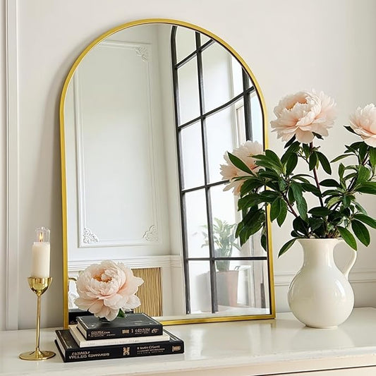 Arched Wall-Mounted Mirror, 20"x30" Arch Bathroom Mirror, Gold Vanity Mirror for Wall Décor, Wall Mirror with Metal Frame for Bedroom, Entryway, Living Room, Brushed Gold