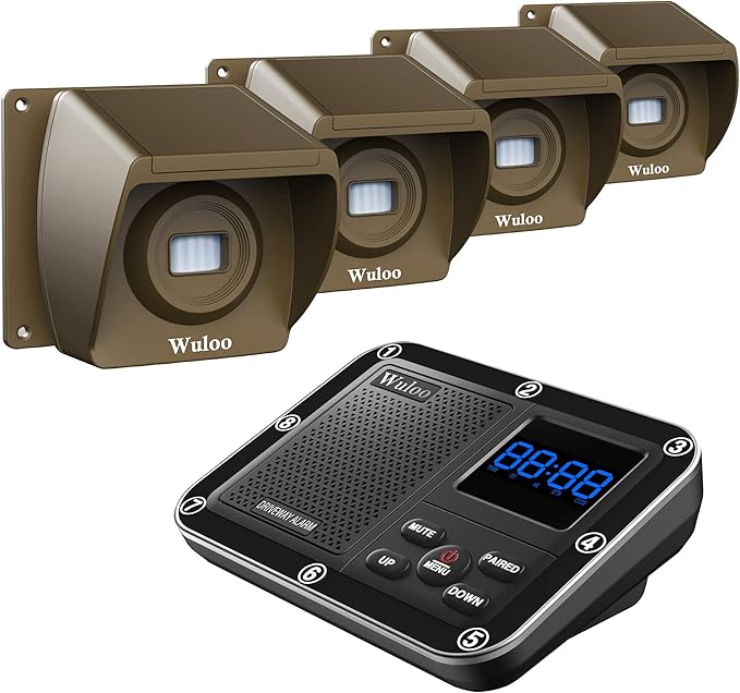 Wireless Driveway Alarm 1800 Feet Long Range Motion Sensor Alert System Driveway Detector for Home with 1800mAh Rechargeable Battery (1&4-Brown)
