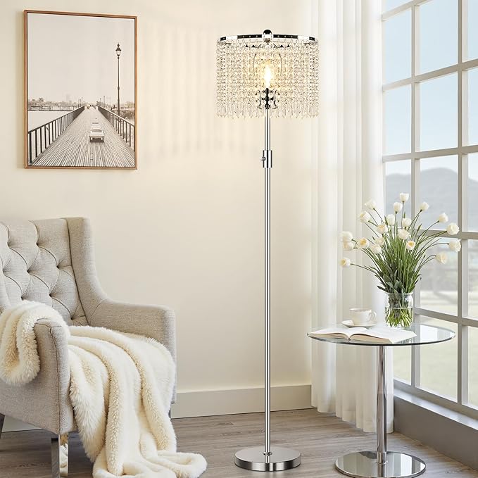 【Upgraded】 Dimmable Crystal Floor Lamps for Living Room, 1000LM LED Bulb Included, Standing Lamp with Knob Switch, Tall Silver Modern Floor Lamp for Bedroom Nursery Office Reading