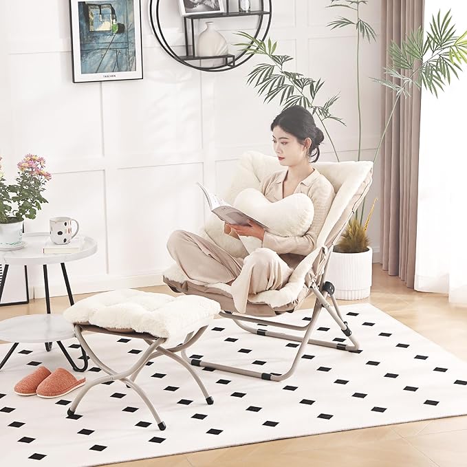 Saucer Chair with Ottoman, Comfy Oversized Folding Chair, Faux-Fur Reading Chair for Adults, Foldable Accent Lazy Chair, Metal Frame Chair for Living Room, Bedroom, Beige