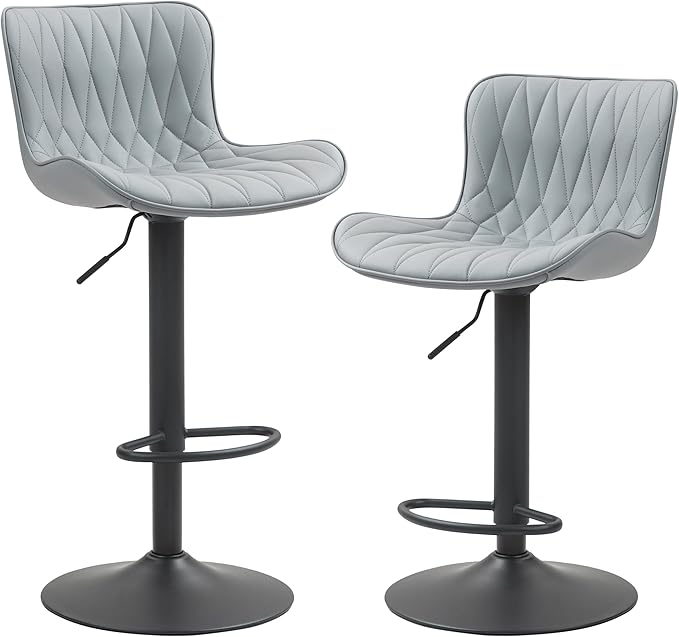 Finnhomy Bar Stools Set of 2, Modern 360° Swivel Faux Leather Bar Stools, 24"-32.5" Seat Height with Back, 330 lbs Capacity, SGS Gas Lift, Upholstered Kitchen Chairs for Kitchen Island, Grey