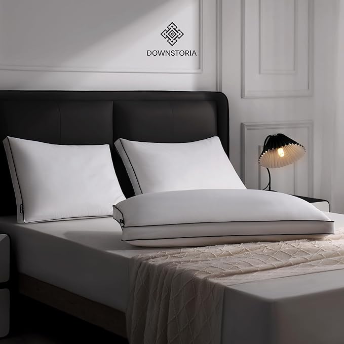 DOWNSTORIA Feather Down Pillows Queen Size Set of 2 with Gusset, Luxury Hotel Collection Bed Pillow 2 Pack, Down Surrounded Gusseted Pillows for Sleeping, Soft for Side, Back Sleepers 20x30 in.