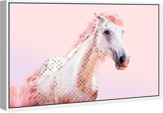 Country Farmhouse Canvas Print Painting Animal Wall Art 'Pink Glam Horse' White Framed Canvas Rustic Home Décor 30x20 in Pink, White by Oliver Gal