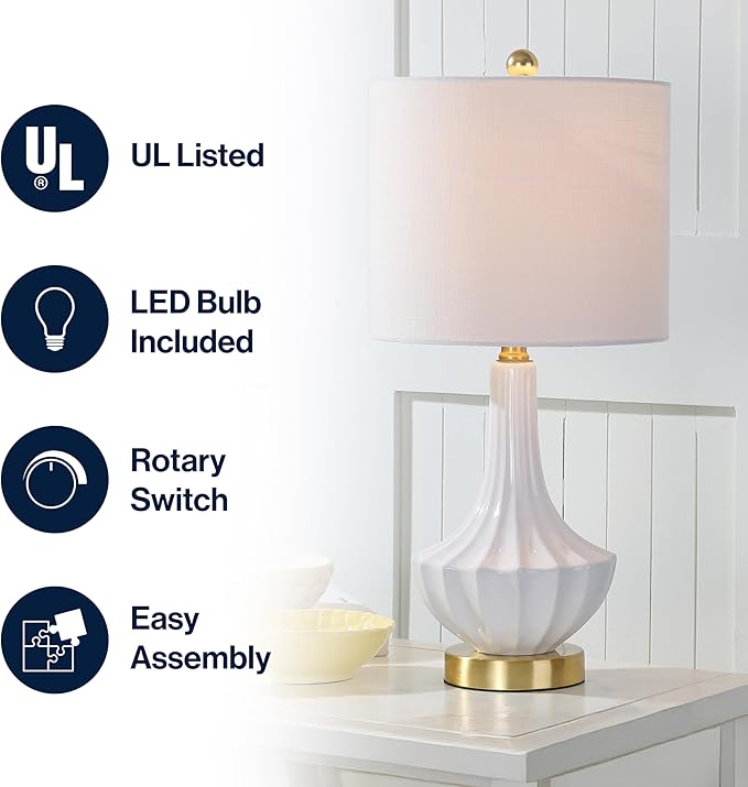 JONATHAN Y 21.5" White Ceramic Mini Table Lamp with Brass Accents, Modern Contemporary Fluted Design with White Linen Shade for Bedroom Living Room, LED Bulb Included JYL1030A