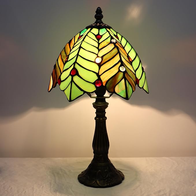 Small Tiffany Lamp Mini Accent Table Lamp Stained Glass Desk Memory Lamp Sympathy 8X14.5 Inch (Brown Green Leaf)
