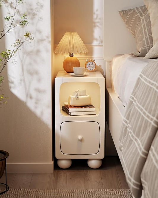 Solid Wood Small Bedside Table with Drawer,Modern Bedside Table,Slim nightstand for Kids Skinny Nightstand Narrow,Bedroom,Study,Toilet(White)