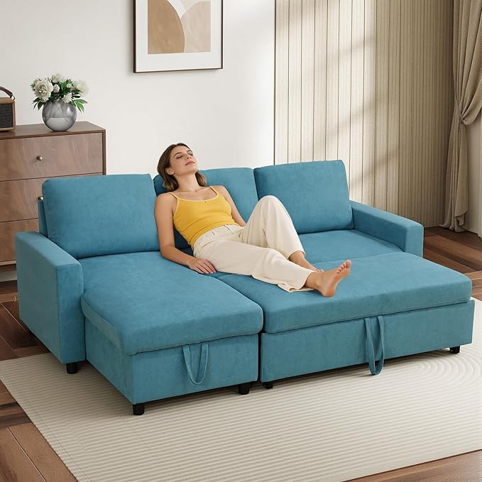 Yafylly L-Shaped Sleeper Sofa with Chaise Lounge & Storage, Pull-Out Couch Bed with Recliner, Full Size Futon for Living Room, Office, Apartment Teal