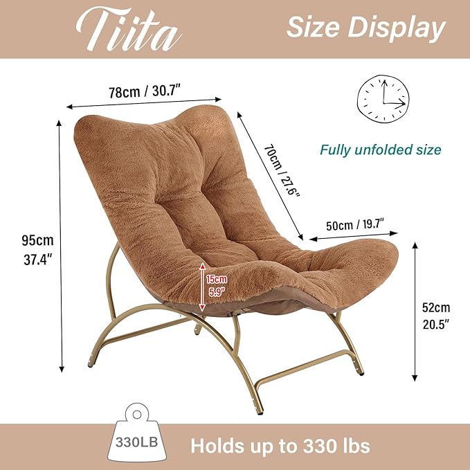 Tiita Accent Lazy Chair, Comfy Lounge Chair with Metal Frame and Plush Fabric, Spacious Seat Cozy Recliner Chair for Reading Room, Living Room, Bedroom, Office, Brown