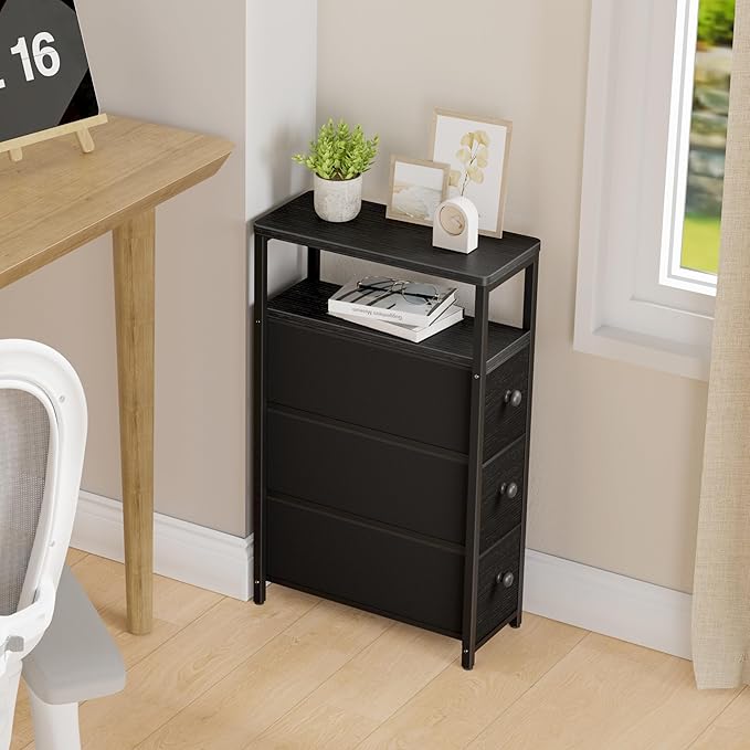 Narrow Night Stand Nightstand - Skinny Bedsides Table with 3 Drawers for Small Space Dresser for Bedroom Living Room Slim Side Table, Black