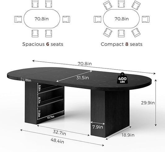 70.8" Oval Dining Table for 6 8, Modern Dining Room Table with Storage, Wood Kitchen Table with Heavy Duty Legs, Dinner Tables for Kitchen Dining Room (Black)