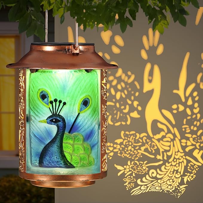 Peacock Solar Lanterns Outdoor Waterproof,Birthday Gifts for Women Mom Grandma Garden Decor,Hanging Solar Lights Wall Mount Decorations for Yard,Front Porch,Patio,Lawn Pathway Landscape