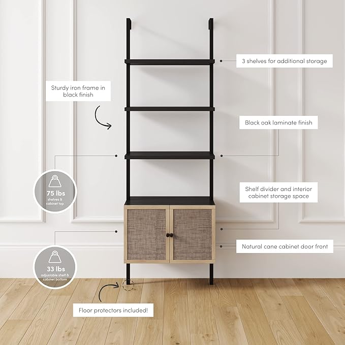 Nathan James Theo Modern Bookcase with Rattan Cabinet in Matte Black and Light Oak Finish with Matte Black Metal Frame for Living Room, Home Office Storage, Set of 3