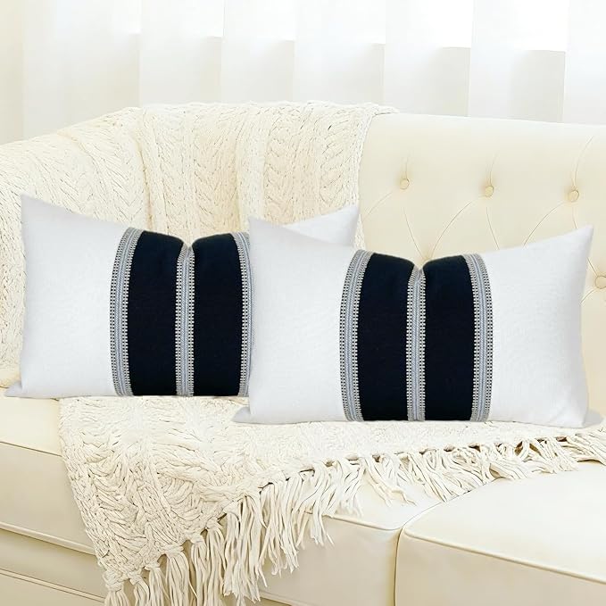 Slow Cow Pack of 2 Linen Off White and Black Patchwork Rectangular Throw Pillow Cover Decorative Cushion Cover for Couch Sofa Lumbar 12 x 20 Inches