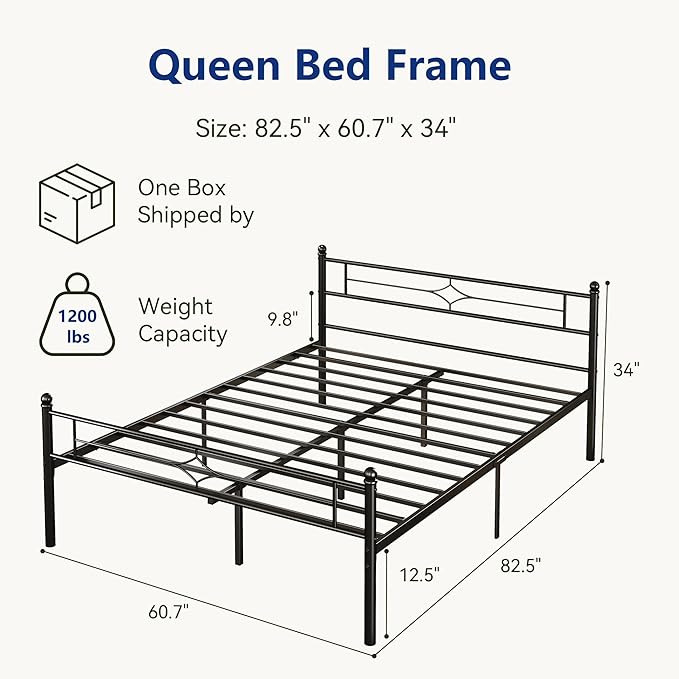Metal Bed Frame Queen Size - 14 Inch Platform Bed Frame with Headboard/Heavy Duty Sturdy Mattress Foundation/No Box Spring Needed/Easy Assembly, Black, Queen