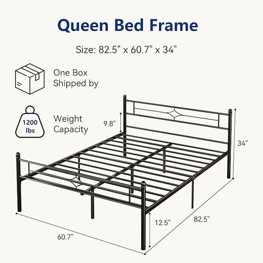 Metal Bed Frame Queen Size - 14 Inch Platform Bed Frame with Headboard/Heavy Duty Sturdy Mattress Foundation/No Box Spring Needed/Easy Assembly, Black, Queen