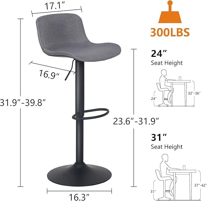 YOUTASTE Fabric Grey Bar Stools Set of 2, Modern Upholstered Counter Height Barstools, Adjustable Swivel Bar Stool with Black Metal Legs, Breakfast Bar Chairs for Kitchen Island Home Bistro