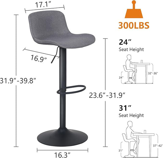 YOUTASTE Fabric Grey Bar Stools Set of 2, Modern Upholstered Counter Height Barstools, Adjustable Swivel Bar Stool with Black Metal Legs, Breakfast Bar Chairs for Kitchen Island Home Bistro