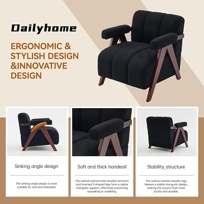 Accent Chairs Set of 2 with Wide Seat, Anthropologie Living Room Chair with Wide Armrest, Pottery Barn Accent Chair Bedroom Chair with Thick Cushion, Comfy Teddy Tufted Side Chairs, Black