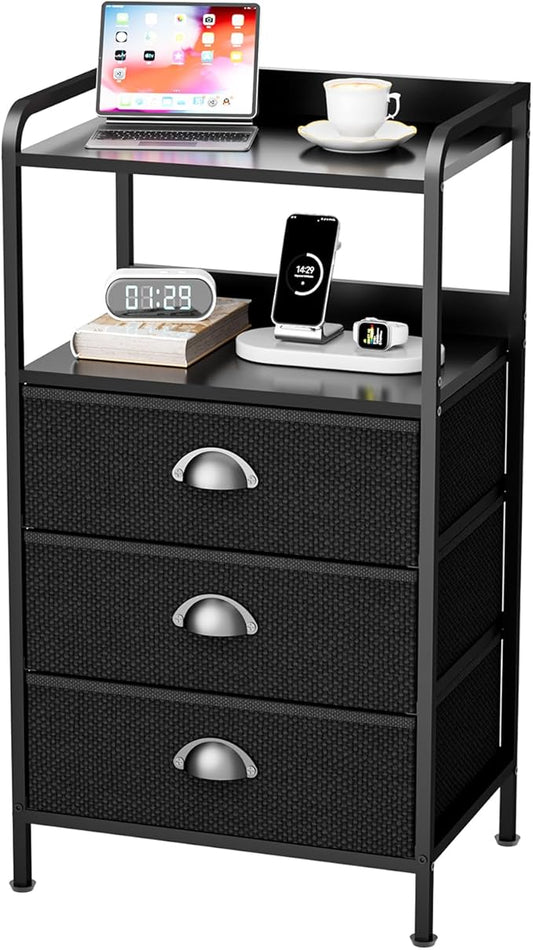 Night Stand with 3 Fabric Drawer and Sturdy Metal Frame, Modern Nightstand Lightweight & Durable -55LB Load Capacity, Wear-Resistant & Easy-Clean Surface, Black