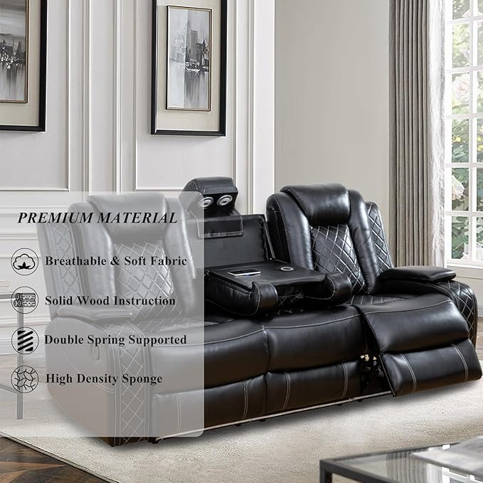 Power Recliner Sofa Set, Air Leather Reclining Couch with LED/Cup Holders/Storage, 2 Pieces Reclining Living Room Furniture, Black Leather Sofa and Chair for House/Apartment/Office