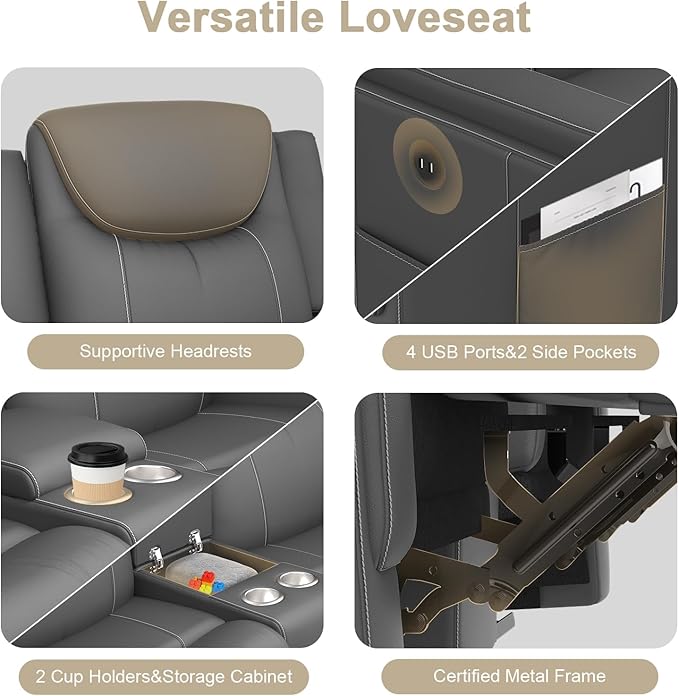 Dresegmt Home Theater Seating, Manual Recliner Sectional Sofa for Living Room, 5 Seater Reclining Sectional Couch with Flip-Up Backrest, Storage Console, USB Ports, L-Shaped Sofa PU Leather Gray
