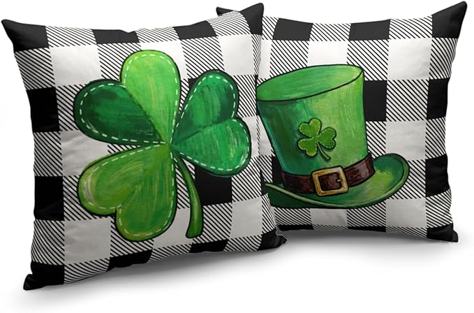 Green Shamrock Hat St Patricks Day Throw Pillow Covers 16x16 Set of 2 Buffalo Plaid Lucky Clovers Decorative Pillowcases St Patrick Outdoor Spring Cushion Covers for Couch Sofa Porch Decor