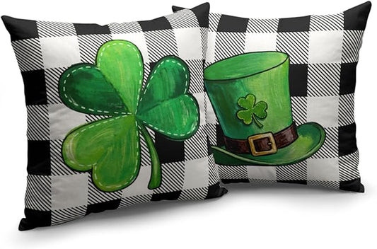 Green Shamrock Hat St Patricks Day Throw Pillow Covers 24x24 Set of 2 Buffalo Plaid Lucky Clovers Decorative Pillowcases St Patrick Outdoor Spring Cushion Covers for Couch Sofa Porch Decor