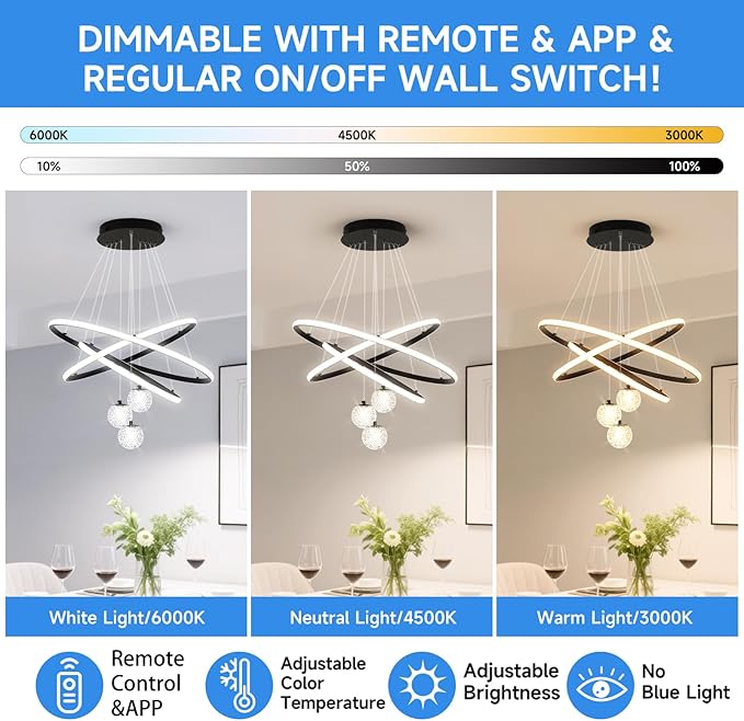 LED Modern 3 Ring Chandeliers for Dining Room, 24in Dimmable Kitchen Pendant Lamp, Black Dining Room Light Fixtures Ceiling Hanging Over Table, Globe Round Chandeliers for Living Room Bedroom