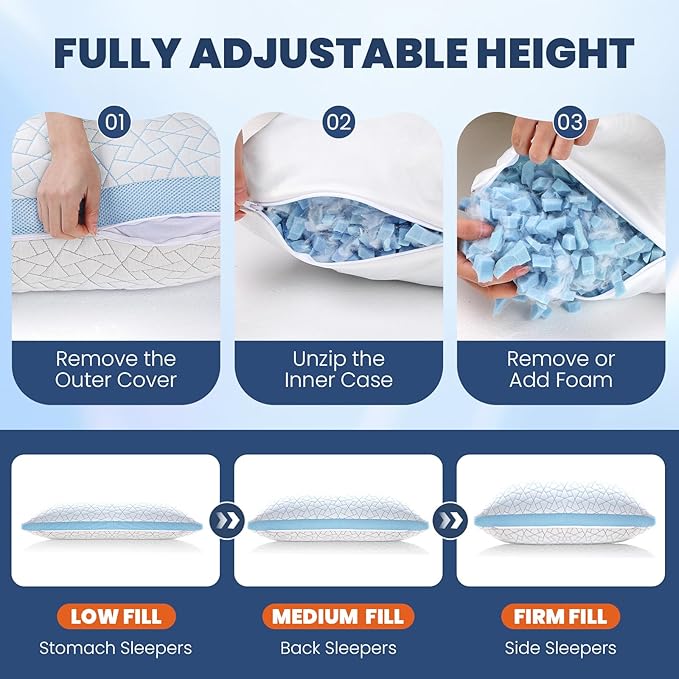 A-Pce Adjustable Pillow, King Size Bed Pillows for Sleeping, Luxury Shredded Memory Foam Pillows, Cooling Pillow for Side, Back, Stomach Sleepers, Firm Pillow for Hot Sleepers Neck Support