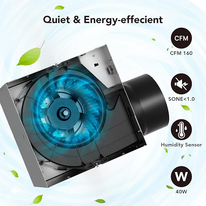 OREiN 3-in-1 Bathroom Exhaust Fan with Light & Humidity Sensor, 160 CFM, 1.0 Sone, Auto-On at 60% Humidity, 1500LM, 3000K/4000K/5000K, Night Light, ETL & FCC Certified, Ceiling Opening 11.81''x11.02''