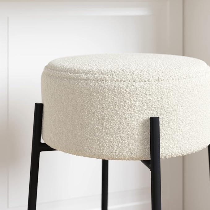 Nathan James Isaac 24" Modern Backless Bar Stool with Round Soft Padded Boucle Seat and Metal Mid-Century Base, Boucle White/Black, Set of 2