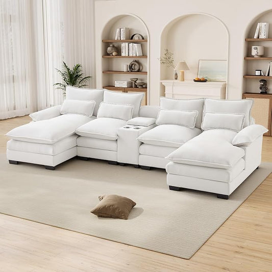124" Oversized U Shaped Cloud Couch Modular Sectional Couches for Living Room Comfy Chenille Deep Seat Sofa Set with Double Chaise Lounge, Storage Central Console, USB Port, Cup Holders, Beige