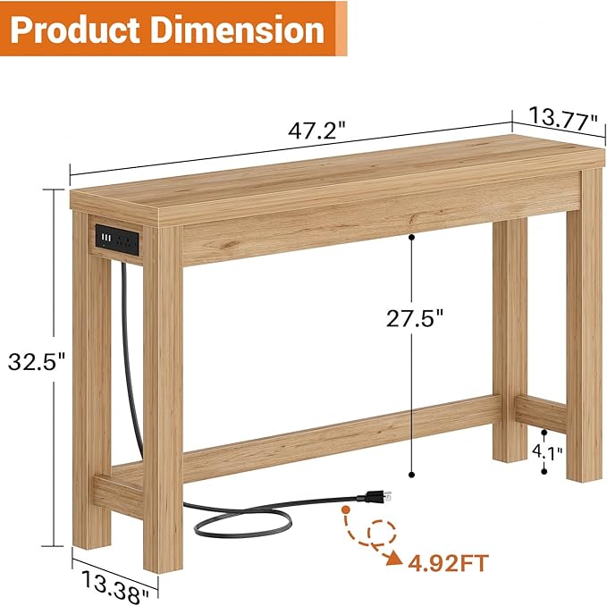 Cyclysio 47" Console Tables for Entryway, Narrow Console Tables for Living Room, Behind Couch Table, Sturdy Wood Support Hallway Table with 3AC+2USB Charging‌ Station, Natural Oak