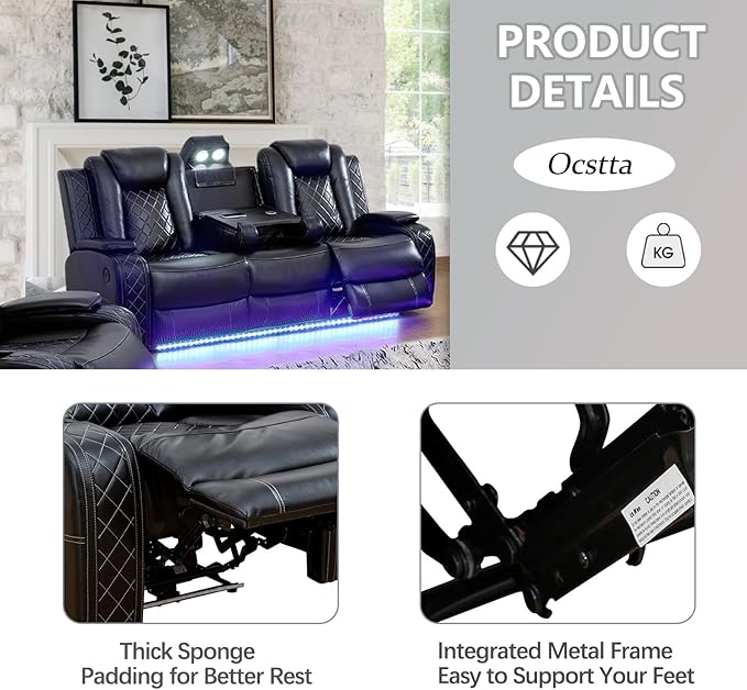 Air Leather Loveseat Power Recliner Sofa, 3 Seat Reclining Sofa with Drop Down Table,Reading Light, LED Lighting&USB Port (Black)