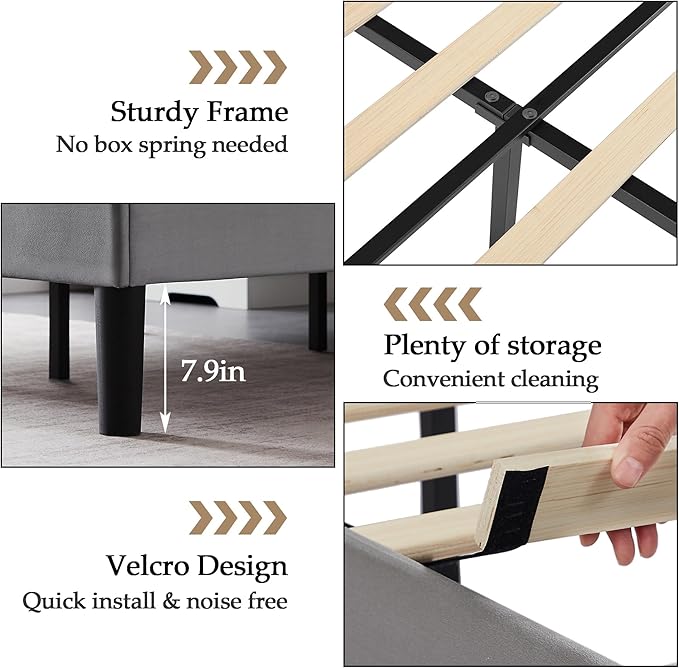 VECELO Twin Size Bed Frame, Velvet Upholstered Platform with Adjustable Headboard, Mattress Foundation with Solid Wood Slats, No Box Spring Needed, Easy Assembly
