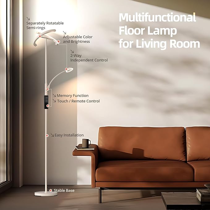 FIMEI Split Floor Lamp Modern LED Rotatable Floor Lamp with Reading Light, Eye-Protection Reading Standing Lamp with Stepless Dimming and 3000K-6000K Color, Separately Rotatable Design, White