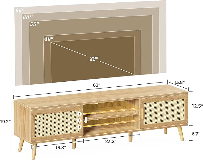 SUPERJARE Boho TV Stand for 75 Inch TV, Entertainment Center with Adjustable Shelf, Rattan TV Console with 2 Cabinets, Media Console, Solid Wood Feet, 4 Cord Holes, for Living Room - Natural