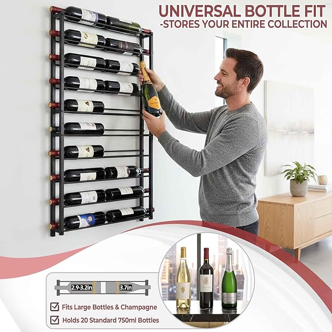 Wine Rack Wall Mounted: 20 Bottles Display Hanging - Large Capacity Wine Storage for Wine Lovers, Bar Operators as Wine Cellar/Bar/Restaurant/Hotel Lobby Display.