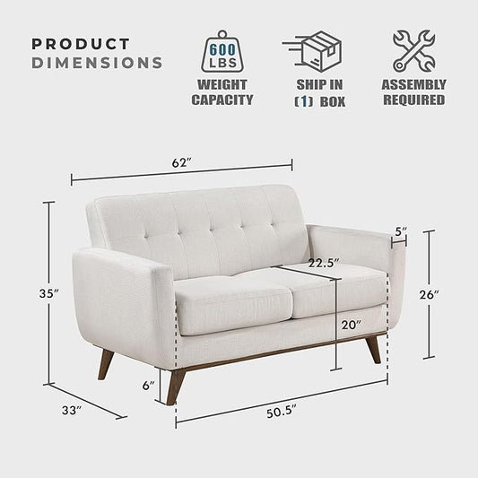 Lexicon Modern Accent Couch, Textured Fabric Upholstered Loveseat with Brown Wood Legs, Track Arms, Tufted Couch Back, 2 Seater Loveseat Sofa for Living Room/Office/Waiting Room, Beige
