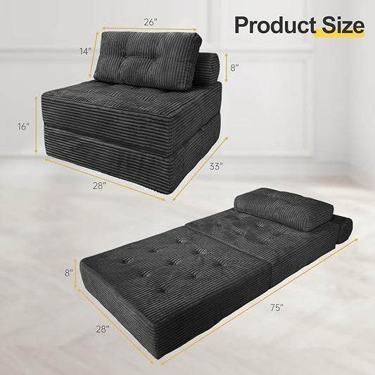 HonTop Folding Sofa Bed, Convertible Couch Chair with Pillow, Boneless Velvet Foldable Sleeper Sofa with Back Support, Portable Fold Out Lounger for Living Room, Apartment & Dorm, Dark Grey Corduroy | Lumbar Pillow