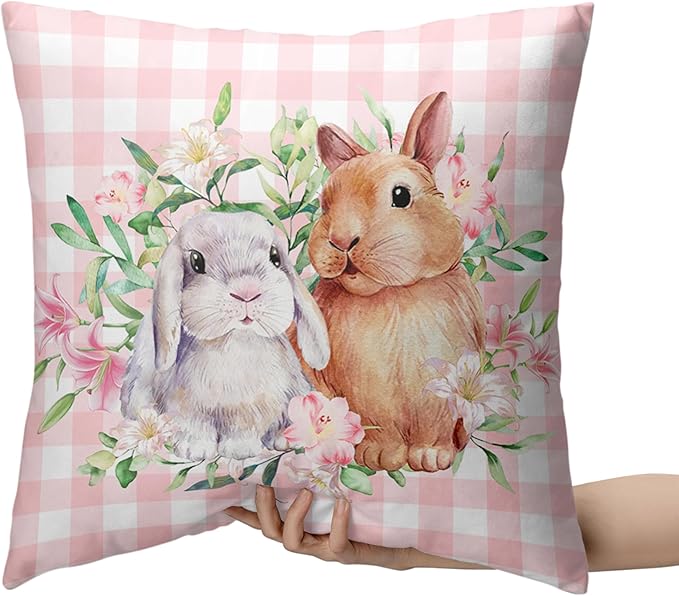 Spring Easter Pillow Covers 22x22 Pack of 2 Lovely Rabbit with Lily Flower Throw Pillow Covers Pink Plaid Bunny Pillow Case for Spring Easter Decoration Sofa Patio Garden