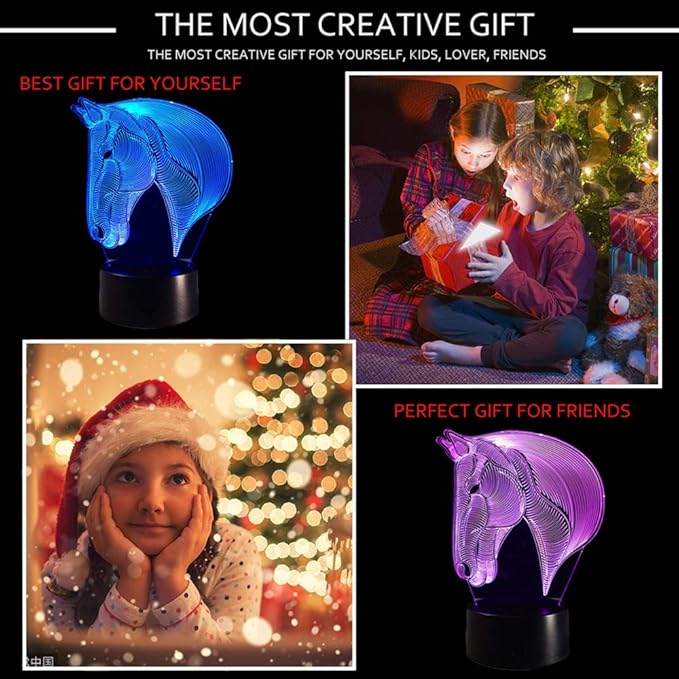 Ticent 3D Lamp Illusion Animal Horse LED Desk Table Night Light, 7 Color Touch Lamp for Kiddie Kids Children Holiday Gift Home Office Childrenroom Theme Decoration
