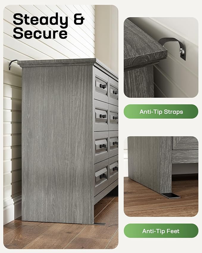 Marsail 8-Drawer Farmhouse Dresser, Solid Wood Storage Space, Sturdy Wide Chest with Smooth Glide Drawers & Anti-Slip Kit, for Bedroom or Hallway, Dark Grey